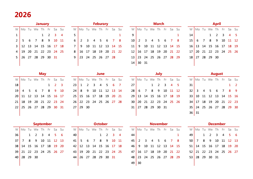 2026年日历 A4横向 英文版 无农历 有周数 周一开始